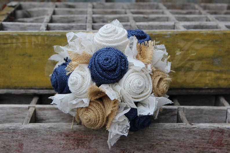 Navy Burlap and Lace Bridal Bouquet, rustic wedding bride's bouquet, rustic romance, burlap bouquet, navy wedding, keepsake bouquet, bride image 7