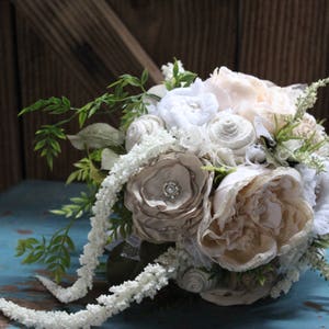 Rustic Chic Bridal Bouquet, Centerpiece with burlap and lace flowers, satin flowers, pearls, Heather, cascading foliage, fabric bouquet image 3