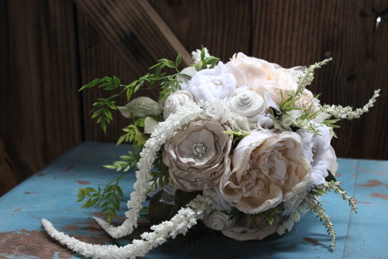 Rustic Chic Bridal Bouquet, Centerpiece with burlap and lace flowers, satin flowers, pearls, Heather, cascading foliage, fabric bouquet image 3