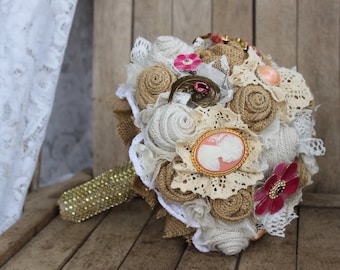 Rustic Glam Bridal Brooch Bouquet with pink and gold brooches and jewels  - burlap and lace wedding bouquet with vintage brooches - burlap