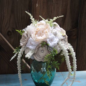 Rustic Chic Bridal Bouquet, Centerpiece with burlap and lace flowers, satin flowers, pearls, Heather, cascading foliage, fabric bouquet image 8