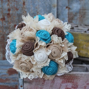 Turquoise Burlap and Lace Bride's Bouquets, Bridesmaid, and Boutonnieres Custom Wedding Arrangements with Fabric Flowers, Keepsake Bouquet image 3