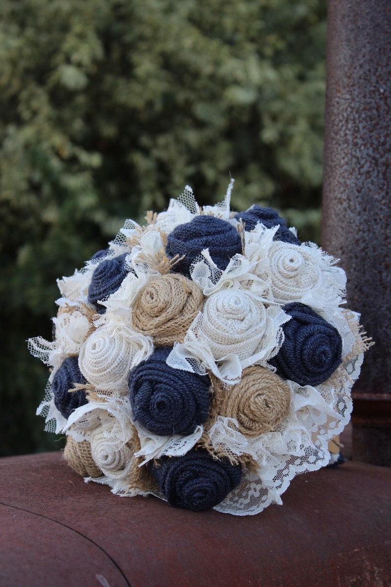 Navy Burlap and Lace Bridal Bouquet Rustic Wedding Etsy