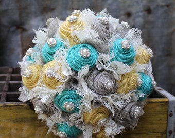 Butter yellow, aqua, and gray burlap wedding bouquets and boutonnieres, turquoise, jade, yellow, and grey fabric wedding flowers