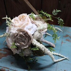 Rustic Chic Bridal Bouquet, Centerpiece with burlap and lace flowers, satin flowers, pearls, Heather, cascading foliage, fabric bouquet image 4