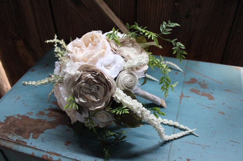 Rustic Chic Bridal Bouquet, Centerpiece with burlap and lace flowers, satin flowers, pearls, Heather, cascading foliage, fabric bouquet image 4