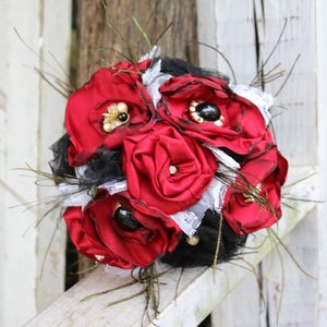 Red and Black Fabric Bouquet, Satin Bridal Bouquet, fabric flowers, feathers, vintage jewels, lace, western saloon wedding, steampunk, black image 1