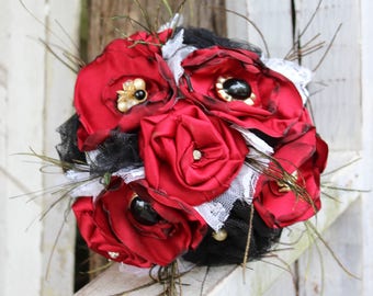 Red and Black Fabric Bouquet, Satin Bridal Bouquet, fabric flowers, feathers, vintage jewels, lace, western saloon wedding, steampunk, black