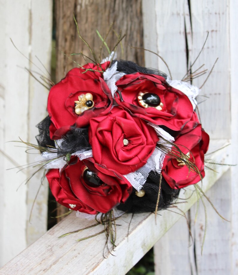 Red and Black Fabric Bouquet, Satin Bridal Bouquet, fabric flowers, feathers, vintage jewels, lace, western saloon wedding, steampunk, black image 1