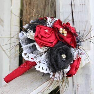 Red and Black Fabric Bouquet, Satin Bridal Bouquet, fabric flowers, feathers, vintage jewels, lace, western saloon wedding, steampunk, black image 4