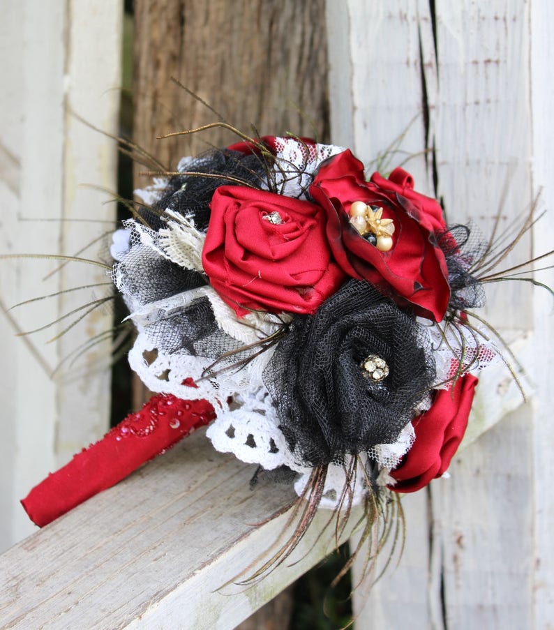 Red and Black Fabric Bouquet, Satin Bridal Bouquet, fabric flowers, feathers, vintage jewels, lace, western saloon wedding, steampunk, black image 4