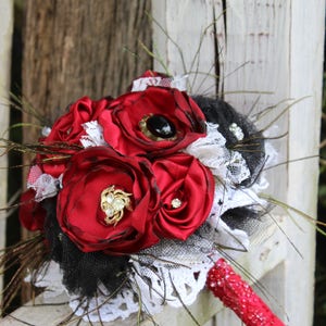 Red and Black Fabric Bouquet, Satin Bridal Bouquet, fabric flowers, feathers, vintage jewels, lace, western saloon wedding, steampunk, black image 2