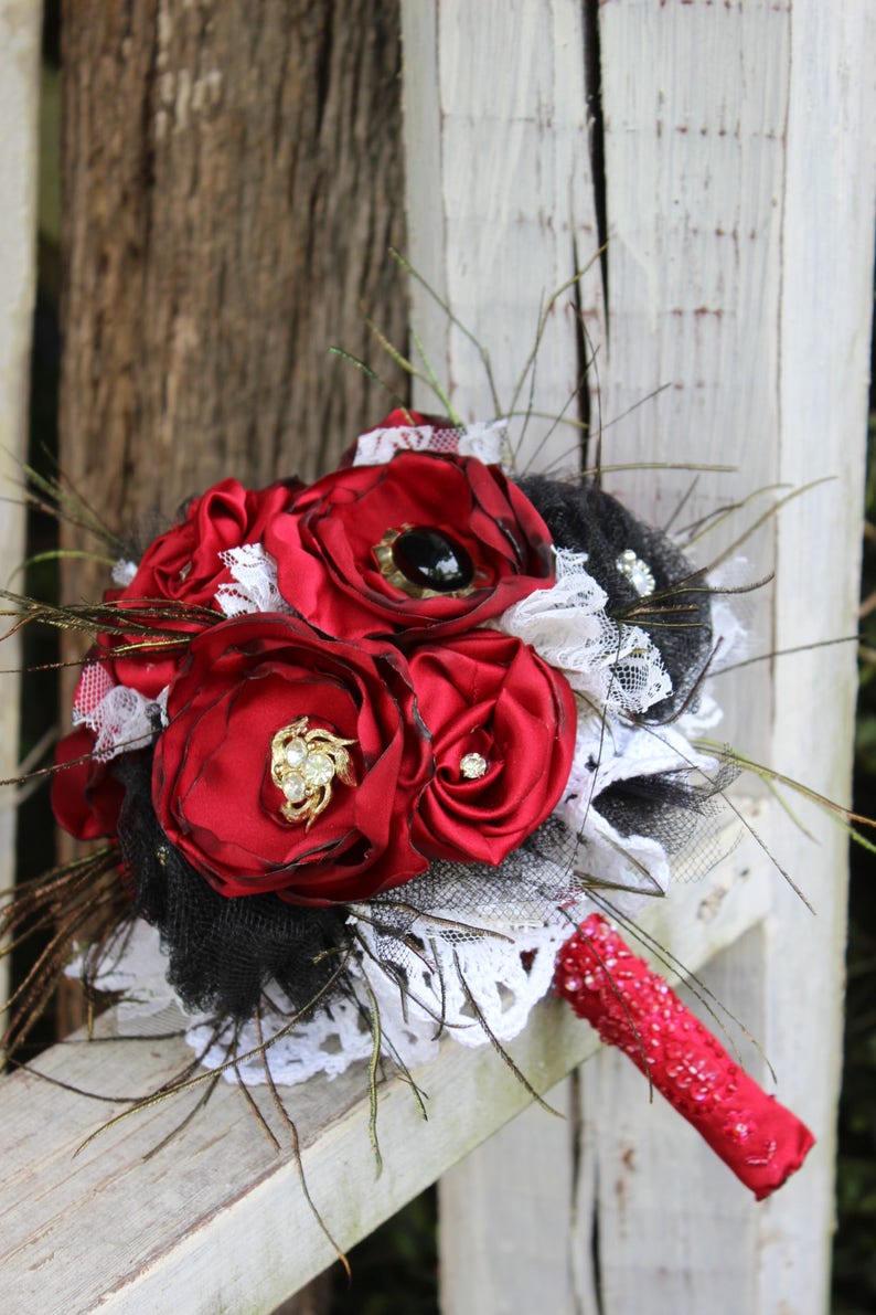 Red and Black Fabric Bouquet, Satin Bridal Bouquet, fabric flowers, feathers, vintage jewels, lace, western saloon wedding, steampunk, black image 2