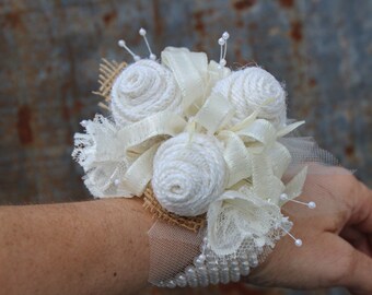 Cream  and White Wristlet Burlap and Lace Wedding Corsage for rustic, prairie style, country wedding