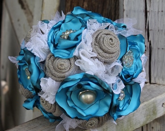 Turquoise, Gray, and White Fabric Bouquet, Vintage, Satin, Burlap and Lace Bride's Bouquet, Wedding Flowers, Vintage Glam, Brooches. Jewels