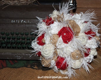 Fabric Bouquet, Red, Tan, and White Burlap Roses, Lace, Feathers, Bridal Wedding Bouquet and Boutonniere, Rustic, Vintage Wedding Flowers