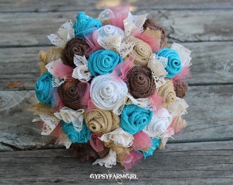 Turquoise Burlap and Coral Tulle  and Lace Bride's Bouquets and Corsages Custom Wedding Arrangements with Fabric Flowers