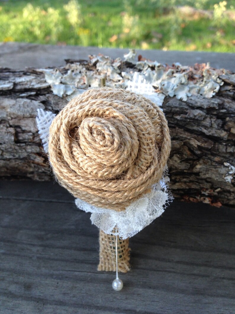 Customized Burlap Rose Boutonnieres for Vintage Farm Rustic Wedding with Burlap and Lace image 3