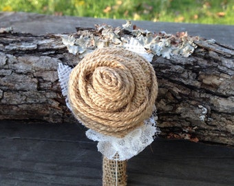 Customized Burlap Rose Boutonnieres for Vintage Farm Rustic Wedding with Burlap and Lace