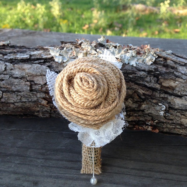 Customized Burlap Rose Boutonnieres for Vintage Farm Rustic Wedding with Burlap and Lace