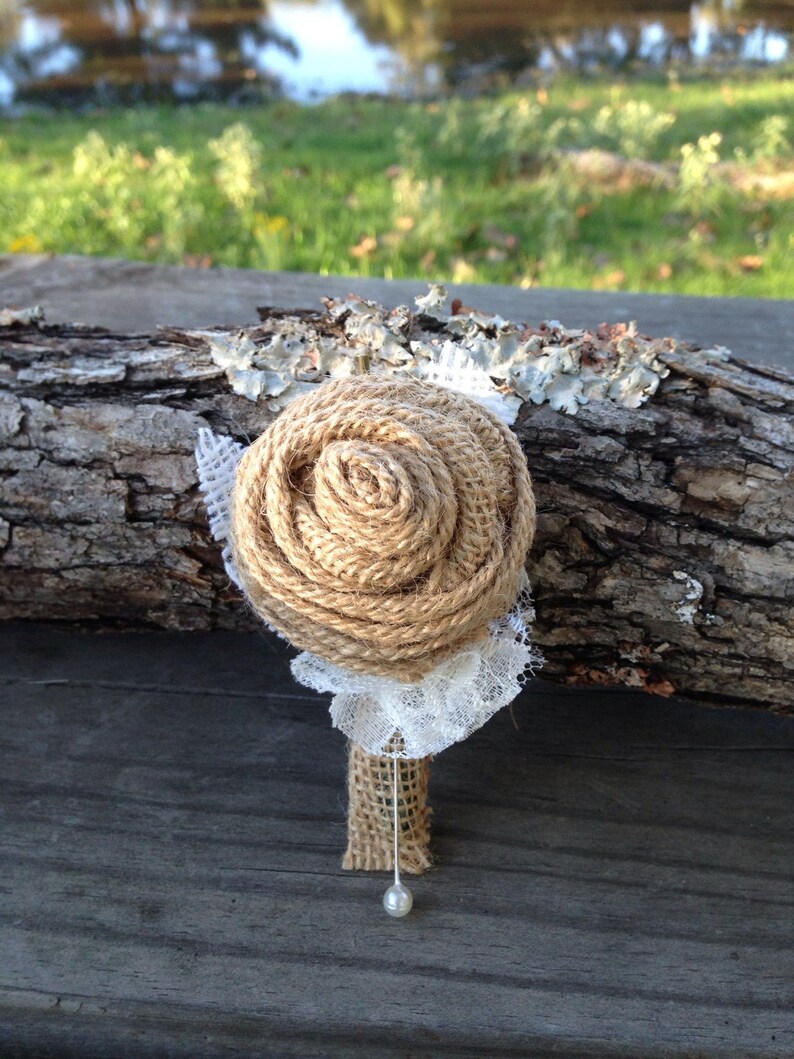 Customized Burlap Rose Boutonnieres for Vintage Farm Rustic Wedding with Burlap and Lace image 1