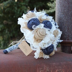 Navy Burlap and Lace Bridal Bouquet, rustic wedding bride's bouquet, rustic romance, burlap bouquet, navy wedding, keepsake bouquet, bride image 3