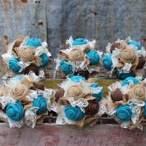 Turquoise Burlap and Lace Bride's Bouquets, Bridesmaid, and Boutonnieres Custom Wedding Arrangements with Fabric Flowers, Keepsake Bouquet image 4