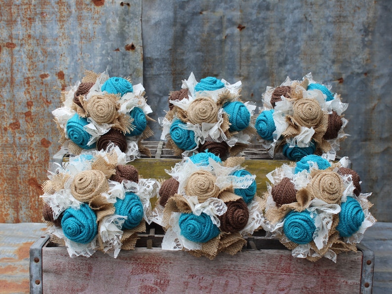 Turquoise Burlap and Lace Bride's Bouquets, Bridesmaid, and Boutonnieres Custom Wedding Arrangements with Fabric Flowers, Keepsake Bouquet Small Bouquet