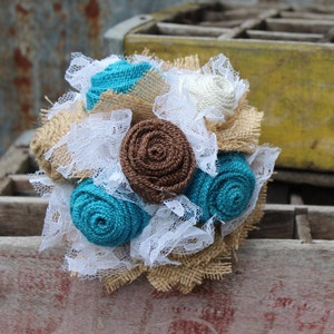 Turquoise Burlap and Lace Bride's Bouquets, Bridesmaid, and Boutonnieres Custom Wedding Arrangements with Fabric Flowers, Keepsake Bouquet image 5