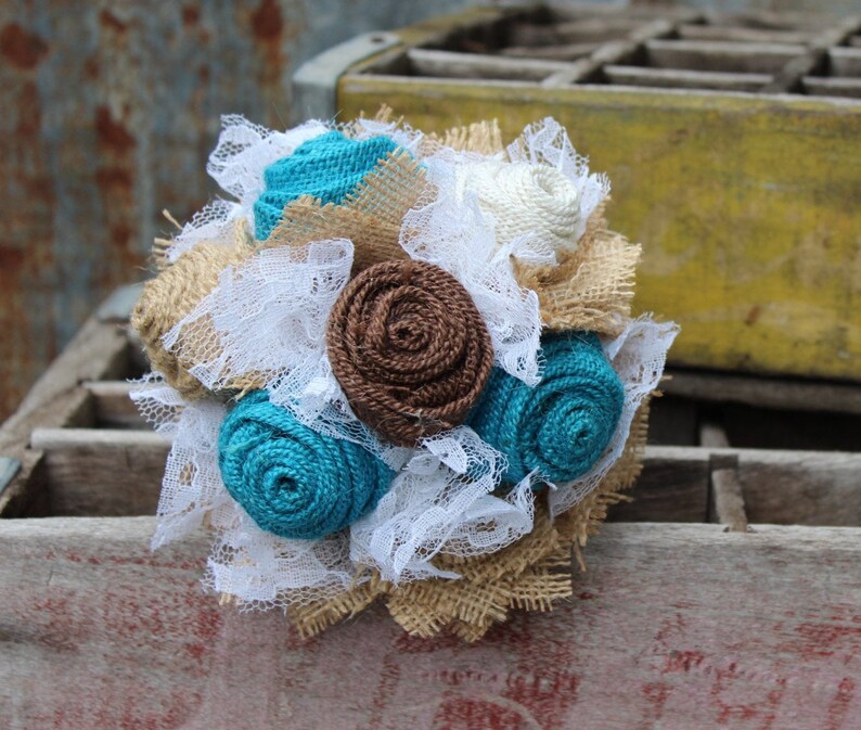 Turquoise Burlap and Lace Bride's Bouquets, Bridesmaid, and Boutonnieres Custom Wedding Arrangements with Fabric Flowers, Keepsake Bouquet image 5