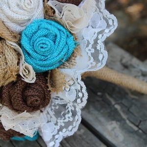 Turquoise Burlap and Lace Bride's Bouquets, Bridesmaid, and Boutonnieres Custom Wedding Arrangements with Fabric Flowers, Keepsake Bouquet image 2