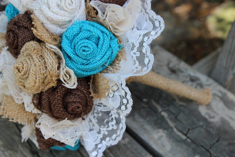 Turquoise Burlap and Lace Bride's Bouquets, Bridesmaid, and Boutonnieres Custom Wedding Arrangements with Fabric Flowers, Keepsake Bouquet image 2