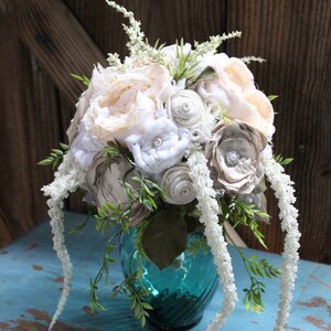 Rustic Chic Bridal Bouquet, Centerpiece with burlap and lace flowers, satin flowers, pearls, Heather, cascading foliage, fabric bouquet image 2