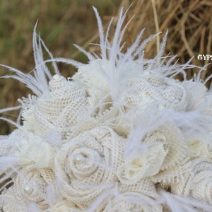All White / Cream Burlap, Lace, Feathers, and Pearls Rustic Chic Bridal Wedding Bouquet, Fabric Bouquet, Keepsake, Bride's Bouquet image 2