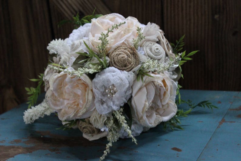Rustic Chic Bridal Bouquet, Centerpiece with burlap and lace flowers, satin flowers, pearls, Heather, cascading foliage, fabric bouquet image 5