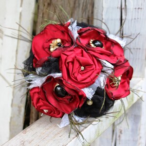 Red and Black Fabric Bouquet, Satin Bridal Bouquet, fabric flowers, feathers, vintage jewels, lace, western saloon wedding, steampunk, black image 5