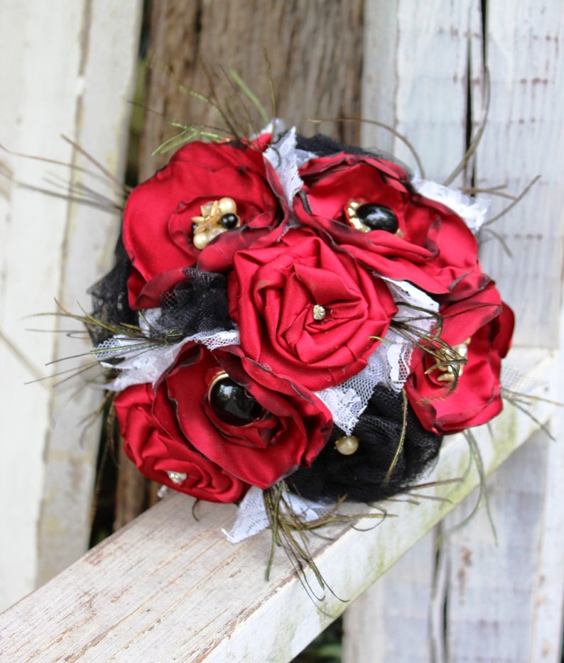 Red and Black Fabric Bouquet, Satin Bridal Bouquet, fabric flowers, feathers, vintage jewels, lace, western saloon wedding, steampunk, black image 5