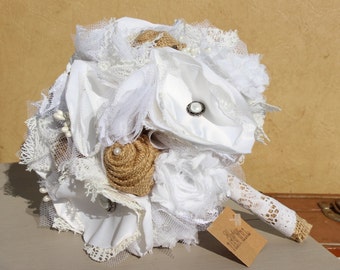Rustic Fabric Wedding Bouquet with burlap, lace, and satin flowers eJ15