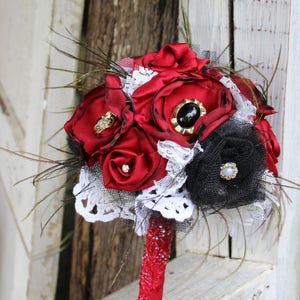 Red and Black Fabric Bouquet, Satin Bridal Bouquet, fabric flowers, feathers, vintage jewels, lace, western saloon wedding, steampunk, black image 3
