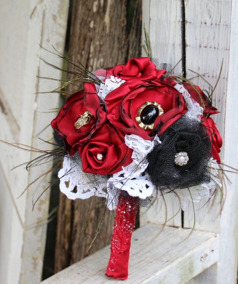 Red and Black Fabric Bouquet, Satin Bridal Bouquet, fabric flowers, feathers, vintage jewels, lace, western saloon wedding, steampunk, black image 3