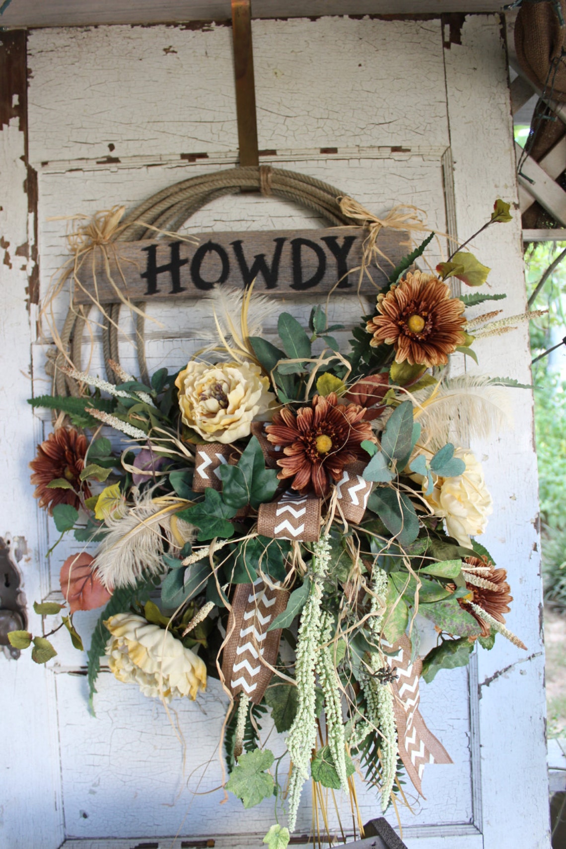 Howdy Western Rope Wreath with Brown and Cream Flowers / Etsy