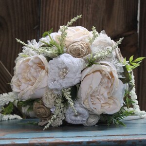 Rustic Chic Bridal Bouquet, Centerpiece with burlap and lace flowers, satin flowers, pearls, Heather, cascading foliage, fabric bouquet image 7