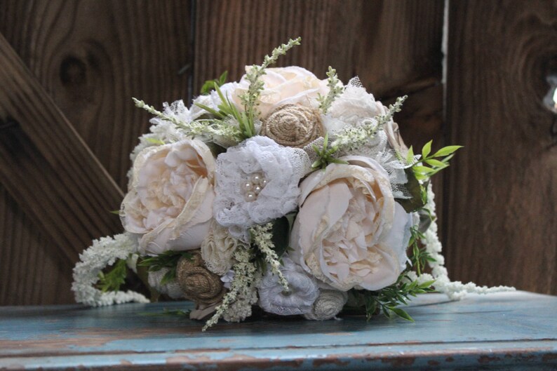 Rustic Chic Bridal Bouquet, Centerpiece with burlap and lace flowers, satin flowers, pearls, Heather, cascading foliage, fabric bouquet image 7