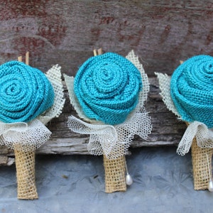 Turquoise Burlap and Lace Bride's Bouquets, Bridesmaid, and Boutonnieres Custom Wedding Arrangements with Fabric Flowers, Keepsake Bouquet image 7