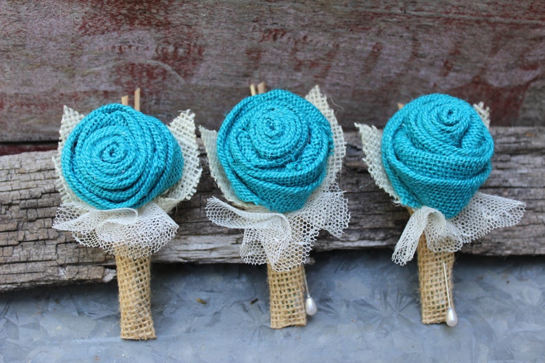 Turquoise Burlap and Lace Bride's Bouquets, Bridesmaid, and Boutonnieres Custom Wedding Arrangements with Fabric Flowers, Keepsake Bouquet image 7