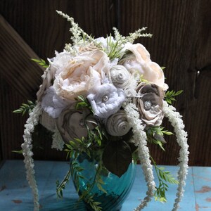 Rustic Chic Bridal Bouquet, Centerpiece with burlap and lace flowers, satin flowers, pearls, Heather, cascading foliage, fabric bouquet image 6