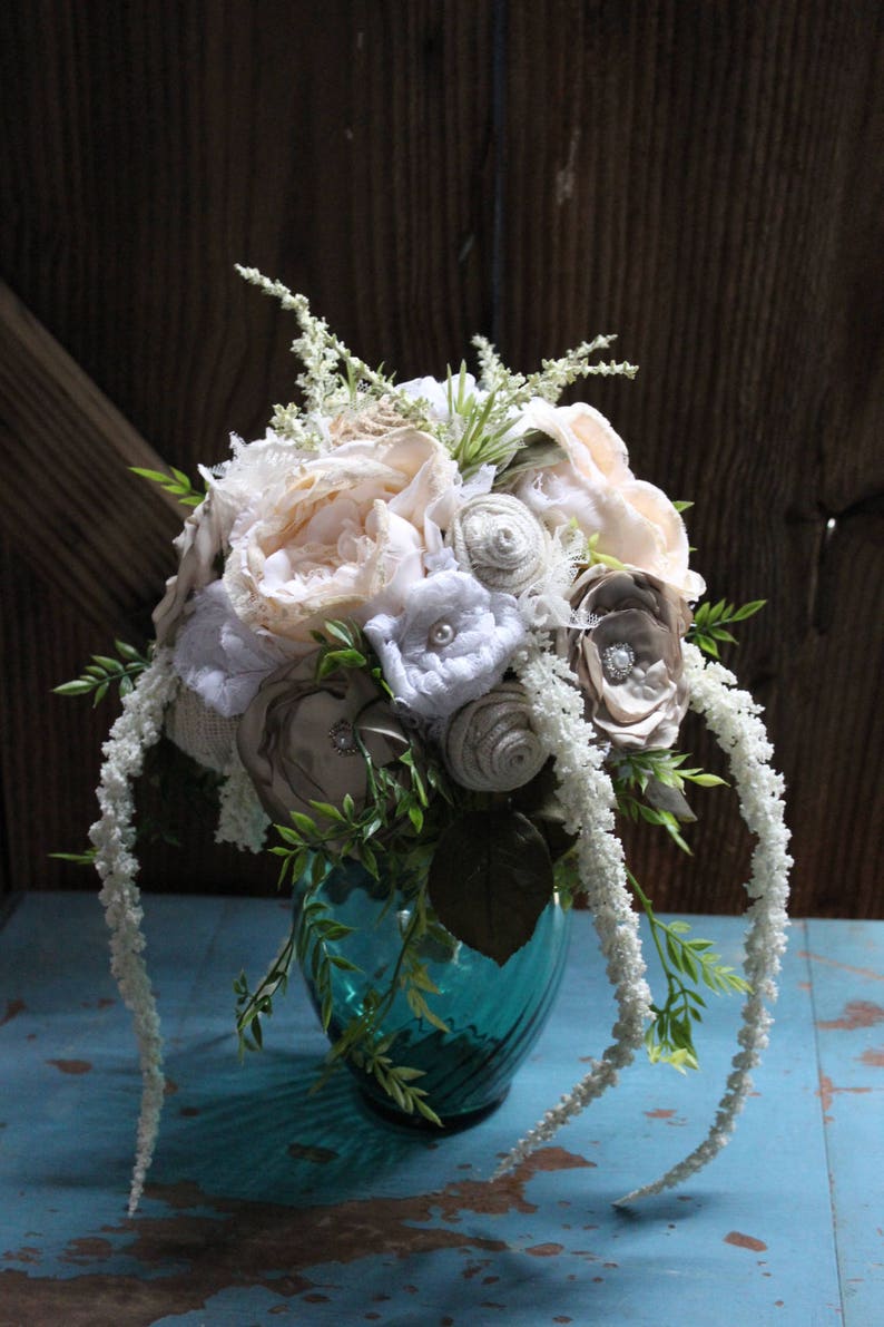 Rustic Chic Bridal Bouquet, Centerpiece with burlap and lace flowers, satin flowers, pearls, Heather, cascading foliage, fabric bouquet image 6