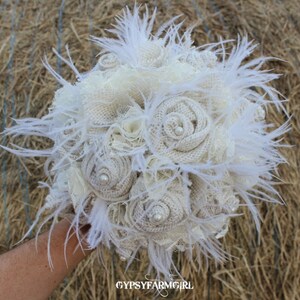 All White / Cream Burlap, Lace, Feathers, and Pearls Rustic Chic Bridal Wedding Bouquet, Fabric Bouquet, Keepsake, Bride's Bouquet image 5