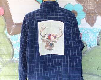 XL Distressed Blue Plaid Corduroy Shirt with Deer with Flower Crown Graphic JE299