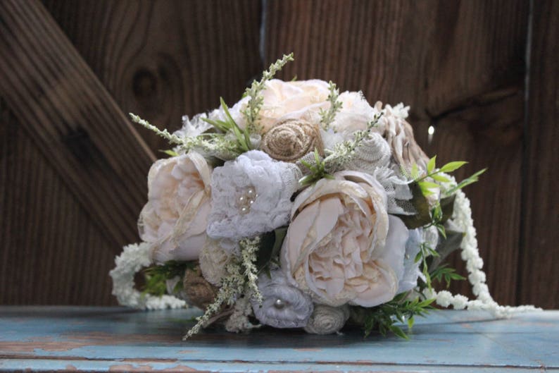 Rustic Chic Bridal Bouquet, Centerpiece with burlap and lace flowers, satin flowers, pearls, Heather, cascading foliage, fabric bouquet image 1